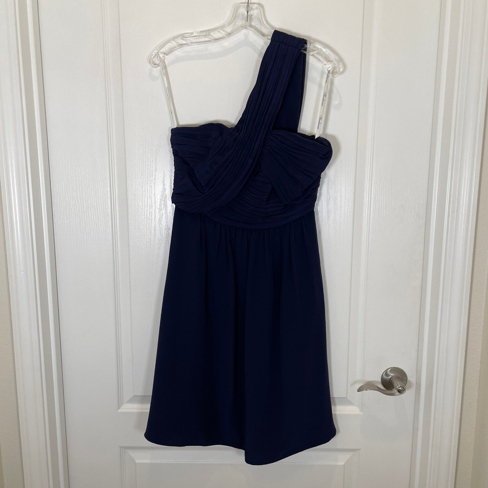 Shoshanna Cocktail Dress Navy Blue 100% Silk One Shoulder Asymmetrical Size 8